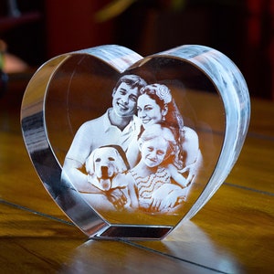 Gift for Pet Lovers, Laser Etched Crystal Picture, Custom Engraved Glass, Personalized, Anniversary, Wedding - 3D Photo Crystal Heart