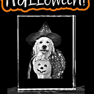 Personalized 3D Pet Portrait Crystal Tower, Custom Spooky Gift, Halloween Decor, Dia de los Muertos, Laser Etched Crystal | Tower