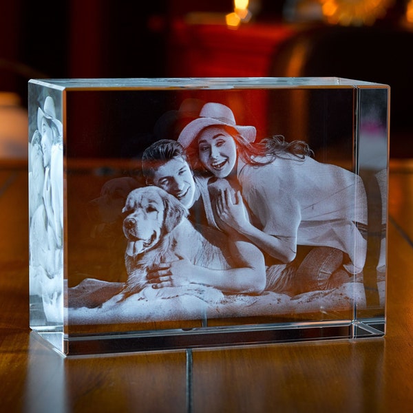 Personalisierte 3D-Haustier-Porträt-Kristallturm, 3D-Kristallfoto, Familienbild-Kristalllampe, graviertes Glasbildwürfel-Andenken, Paargeschenk