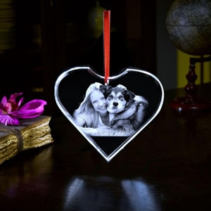 Custom Christmas Heart Ornament, Personalized Laser Engraved Gift, Glass Etched Picture, Family Portrait, Holiday Photo Crystal Ornament