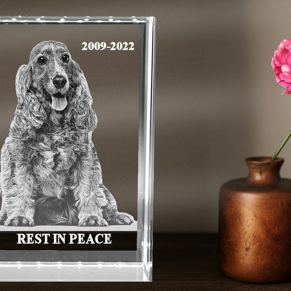 Pet Memorial Plaque, Dog Remembrance Gift, 3D Crystal Pet Picture, Personalized Picture Frame, Laser Etched Glass | 3D Photo Crystal Block