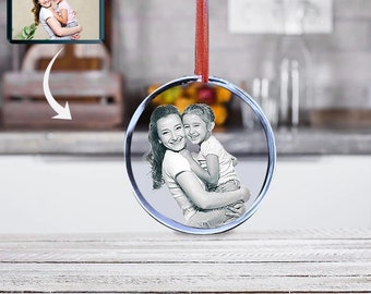 Custom Christmas Ornament, Personalized Laser Engraved Gift, Glass Etched Picture, Family Portrait, Holiday Photo Crystal Ornament