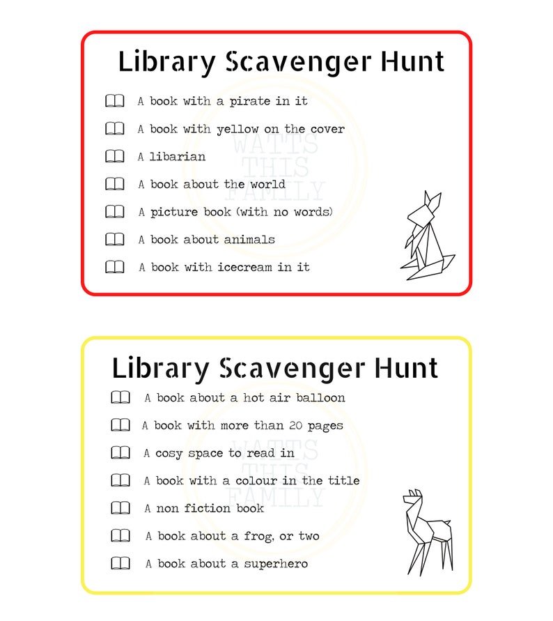 Peut inclure: Deux listes de chasse au tr&eacute;sor imprimables pour les enfants &agrave; compl&eacute;ter &agrave; la biblioth&egrave;que. Les listes comprennent des t&acirc;ches comme trouver un livre avec un pirate, un livre de plus de 20 pages et un livre sur un super-h&eacute;ros.
