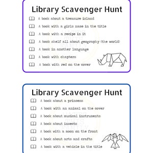 Peut inclure: Deux listes de chasse au tr&eacute;sor de biblioth&egrave;que imprimables avec des illustrations en noir et blanc d'un rhinoc&eacute;ros et d'un aigle. Les listes comprennent des &eacute;l&eacute;ments &agrave; trouver dans une biblioth&egrave;que, comme un livre sur une &icirc;le au tr&eacute;sor, un livre avec un nom de fille dans le titre, un livre avec une recette, un livre sur une princesse, un livre avec un animal sur la couverture et un livre sur les instruments de musique.