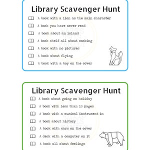 Peut inclure: Deux cartes vertes et bleues avec le texte "Library Scavenger Hunt" et une liste d'objets &agrave; trouver dans une biblioth&egrave;que. La premi&egrave;re carte a une image de loup et la deuxi&egrave;me carte a une image d'ours.