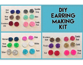 DIY earring Kit, druzy earring kit, jewelry making kit, earring set, diy kit, diy jewelry, druzy studs, 12mm Druzy, cabochon, stud earrings