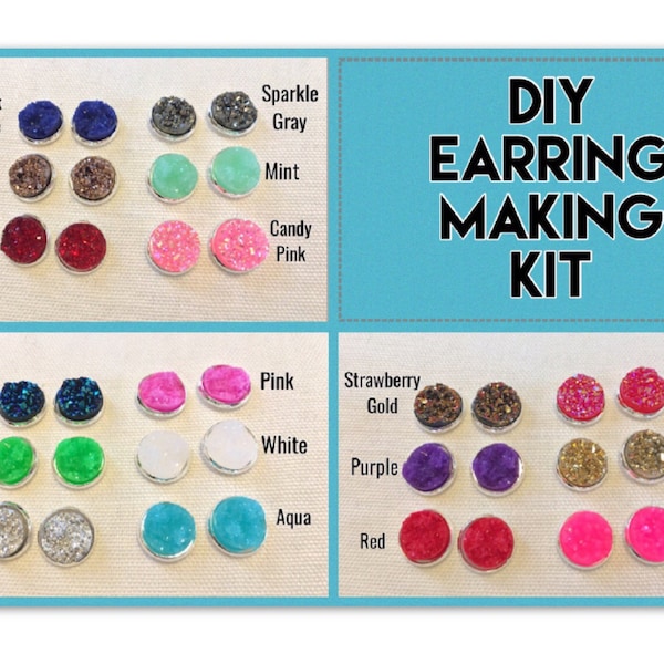 DIY earring Kit, druzy earring kit, jewelry making kit, earring set, diy kit, diy jewelry, druzy studs, 12mm Druzy, cabochon, stud earrings