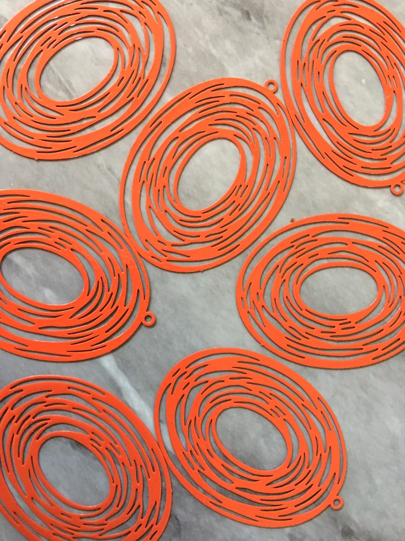 circle cutout metal 41mm Earring or Necklace pendant bead one hole top jewelry reddish orange Orange Filigree Cyclone Tornado Oval Beads