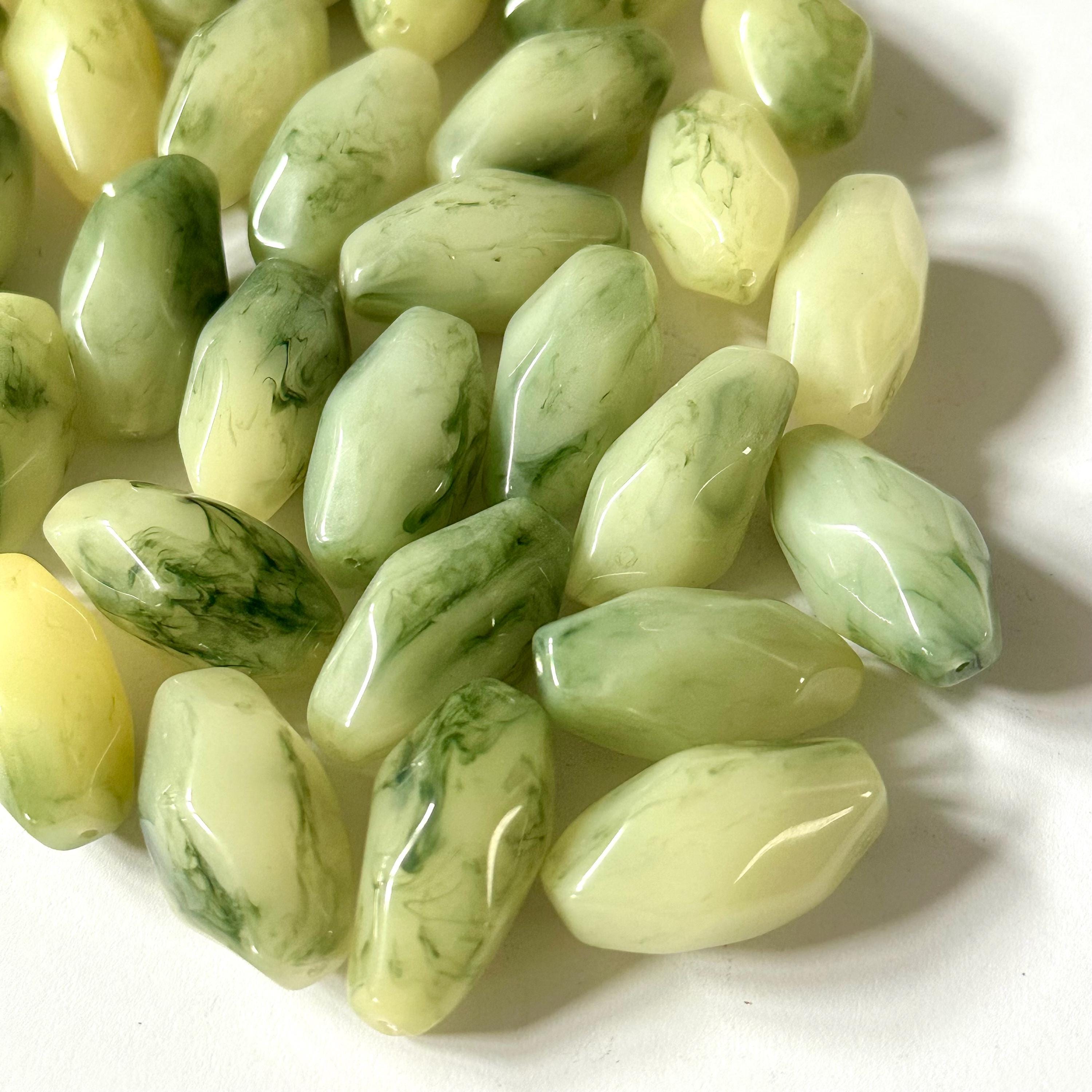Vintage Mosaic Yellow Green Oval Beads, 29mm Faceted Egg Resin 