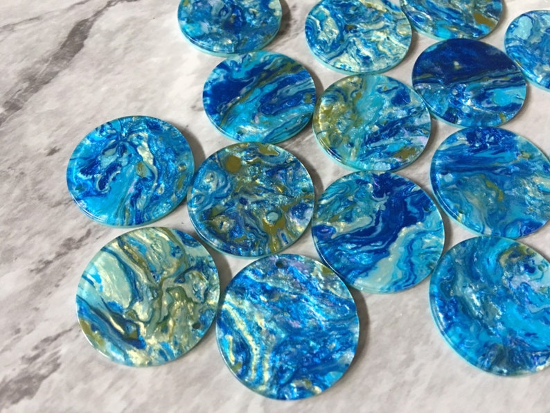 jewelry acrylic DIY one hole at top circle cutout acrylic Earring Necklace pendant bead Gold /& Blue Turquoise BEACH mosaic Resin Beads