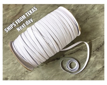 6mm White Elastic Cord, 1/4” Ready to Ship Elastic rope, braided elastic for face masks, sewing supplies notions fabric trim knit stretch