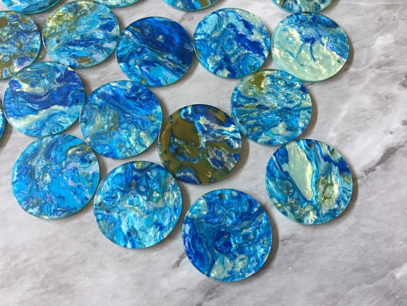 jewelry acrylic DIY one hole at top circle cutout acrylic Earring Necklace pendant bead Gold /& Blue Turquoise BEACH mosaic Resin Beads