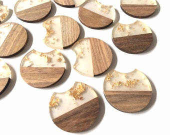 wood Grain + gold foil resin Beads, round cutout acrylic 37mm Earring Necklace pendant bead, one hole at top DIY wooden blanks brown