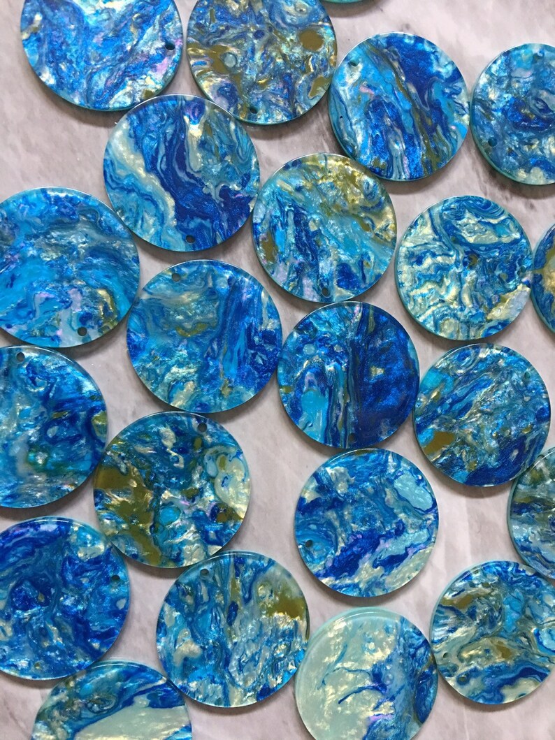 jewelry acrylic DIY one hole at top circle cutout acrylic Earring Necklace pendant bead Gold /& Blue Turquoise BEACH mosaic Resin Beads