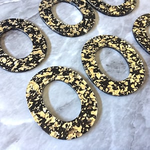 Gold Glitter Foil on Black Tortoise Shell Beads, oval cutout acrylic 50mm Earring Necklace pendant bead one hole at top acrylic