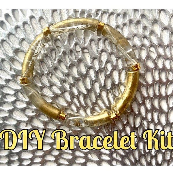 DIY Bracelet Kit Acrylic curved tube beads, Clear & Gold tube bracelet beads, resin tube beads accent statement bracelet, stretch bracelet