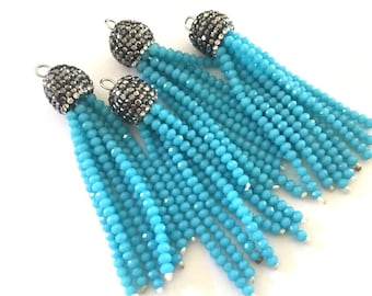 Caribbean Blue Beaded Tassels, blue tassels, rhinestone dipped blue bead tassels, tassel necklace, tassel earrings, blue tassel beaded jewel