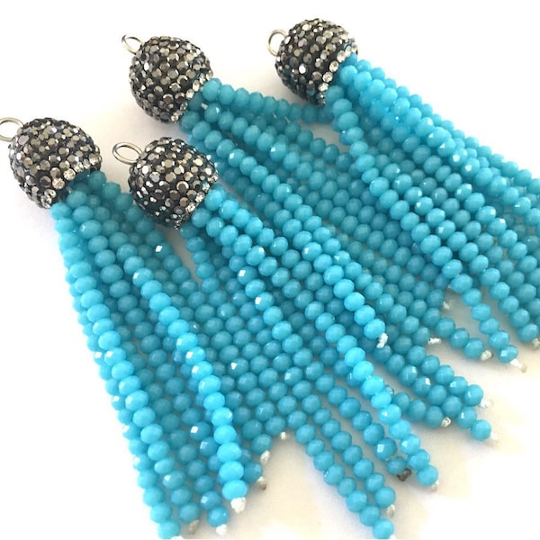 Caribbean Blue Beaded Tassels, blue tassels, rhinestone dipped blue bead tassels, tassel necklace, tassel earrings, blue tassel beaded jewel