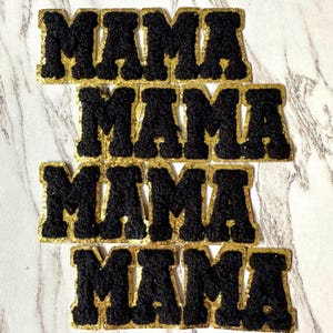 Venta al por mayor de parches con letras de mamá en negro y con purpurina dorada, moda femenina, letras de diamantes de imitación, chaqueta de jean para mamá, bolso, cartera, liquidación
