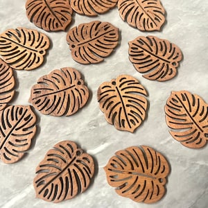 Wood Laser Cut Monstera Leaf, 33mm Earring Necklace pendant bead, one hole DIY blanks wood grain jewelry palm tree leaves brown
