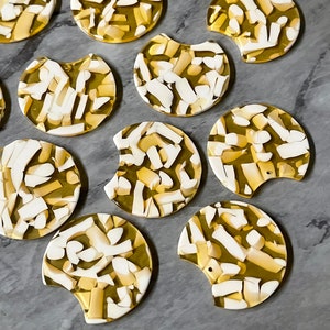 Yellow & White Mosaic Beads, circle cutout acrylic 36mm Earring Necklace pendant bead one hole top, yellow gold acrylic circular
