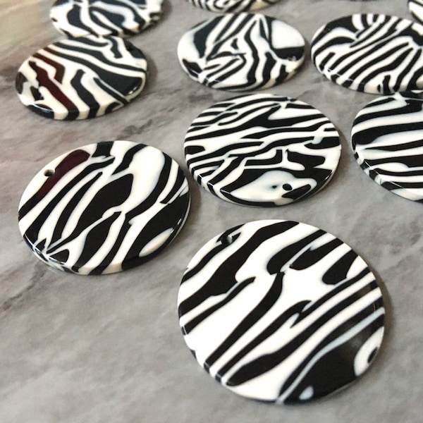 Animal print Beads, circle cutout acrylic 30mm Earring Necklace pendant bead one hole top, white black zebra print, black swirl 1 hole