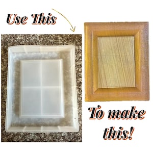 以下が含まれることがあります： 長方形の内部を備えた透明な正方形のシリコンモールドと、完成した琥珀色の樹脂フレーム。 「Use This」と「To make this！」のテキストが表示され、DIYクラフトプロジェクトを示しています。