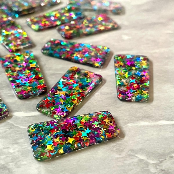 Bejeweled Confetti set in Clear Resin Acrylic Blanks Cutout, earring bead jewelry making, 38mm paddle earring, rainbow pendant teardrop