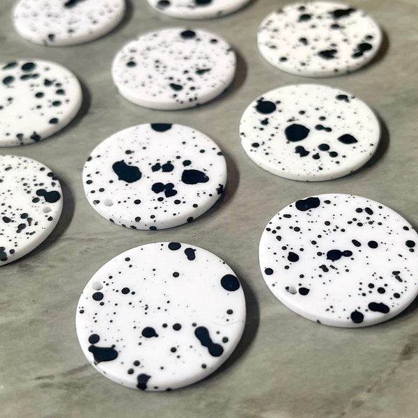 Black White Spray paint circle pendant earrings rubber clay teardrop blanks earrings, painted earrings, boho jewelry paint splatter art