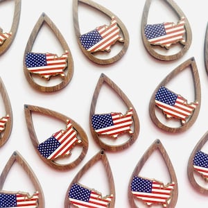 Red White & Blue Pendants, 50mm Beads, wood teardrop earring blanks, 4th of july beads, america USA statement jewelry flag
