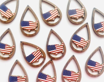 Red White & Blue Pendants, 50mm Beads, wood teardrop earring blanks, 4th of july beads, america USA statement jewelry flag