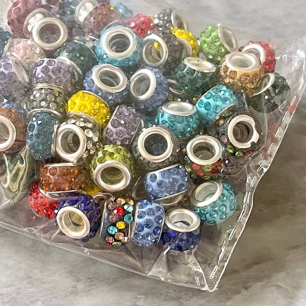 WHOLESALE! Silver Color Plated Brass Double Cores, rainbow Rondelle large hole Multi color crystal beads slider bracelet rhinestone