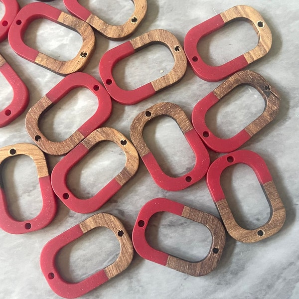 Bruine hout en rode harskralen, ovale uitsparing acryl 28 mm oorbel ketting hanger kraal, 2 gaten blauwe doe-het-zelf blanks korrel sieraden connector