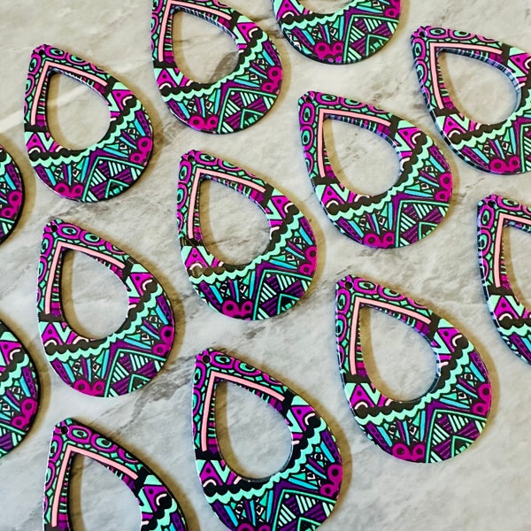 Purple & Green Tribal Acrylic Blanks Cutout, teardrop earring pendant circle making, 34mm 1 Hole earring blanks jewelry diy