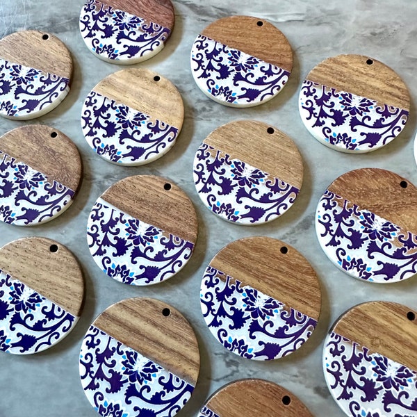 Wood & Resin Acrylic Blanks Cutout, Circle blanks, earring pendant jewelry making 35mm 1 Hole circle blue white brown chinoiserie ginger jar