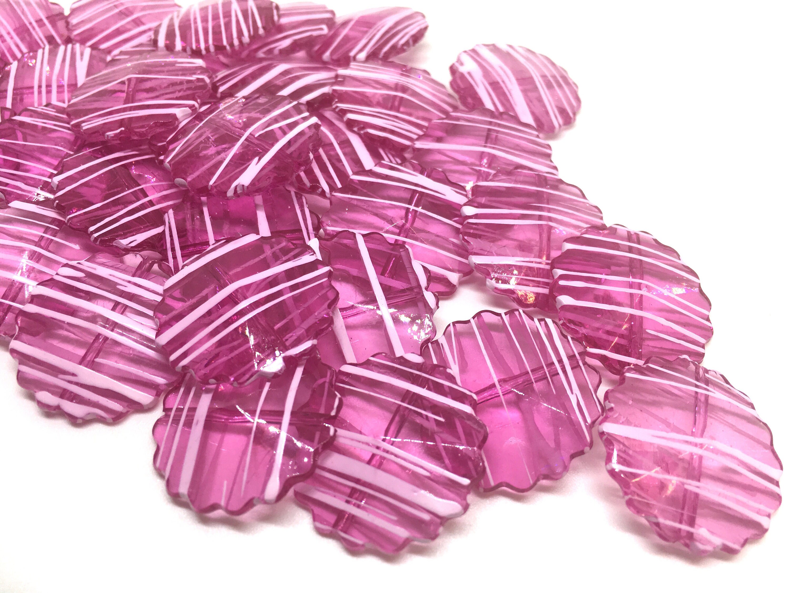 Pink Striped Flower Beads, 25mm beads, pink beads, striped print, pink