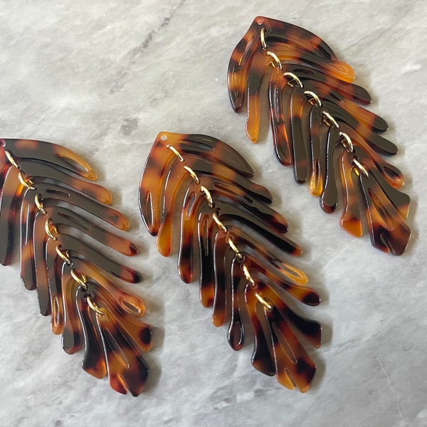 Tortoise Large feather flower pendants, brass leaves flutter, Statement earring bottom jewelry long necklace bead floral brown black