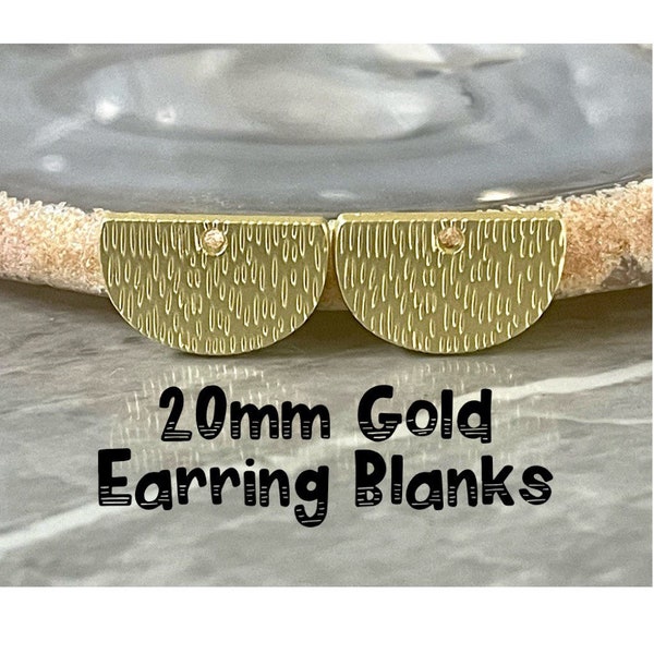 Metallic Gold Textured 20mm Half Moon, semi circle earring posts, gold jewelry making DIY earrings, Etched geometric earring bases