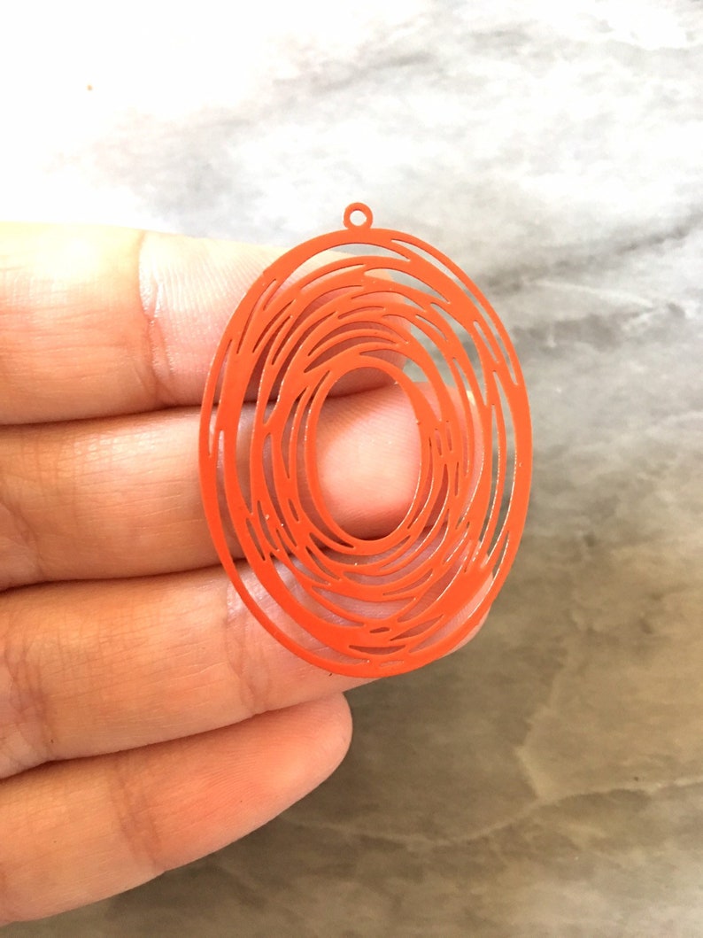 circle cutout metal 41mm Earring or Necklace pendant bead one hole top jewelry reddish orange Orange Filigree Cyclone Tornado Oval Beads