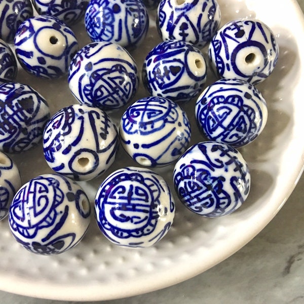 XL Ginger Jar cloisonné Handmade Blue and White Porcelain 18mm Perles, perles rondes circulaires, déclaration de bijoux chunky, perles de verre blanc