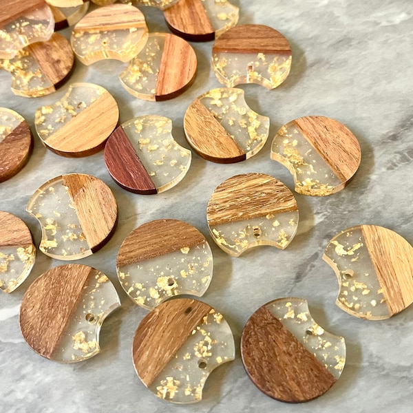 MINI Wood Grain + gold foil resin Beads, round cutout acrylic 25mm Earring Necklace pendant bead, one hole DIY wooden blanks brown