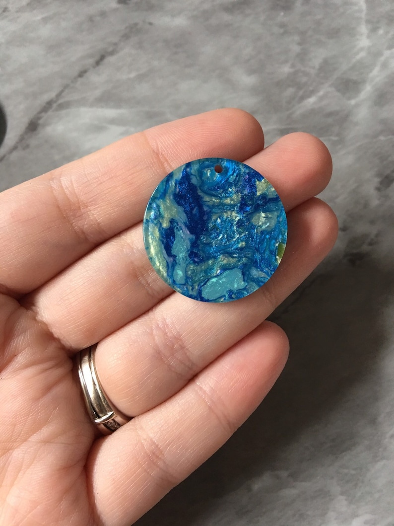 jewelry acrylic DIY one hole at top circle cutout acrylic Earring Necklace pendant bead Gold /& Blue Turquoise BEACH mosaic Resin Beads