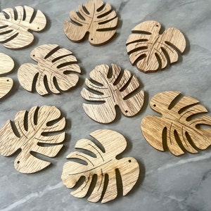 Wood Laser Cut Monstera Leaf, 49mm Earring Necklace pendant bead, one hole DIY blanks wood grain jewelry palm tree leaves brown