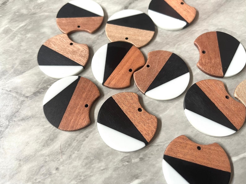 Wood Grain Gray Black resin Beads, round cutout acrylic 37mm Earring Necklace pendant bead, one hole at top DIY wooden blanks brown image 5