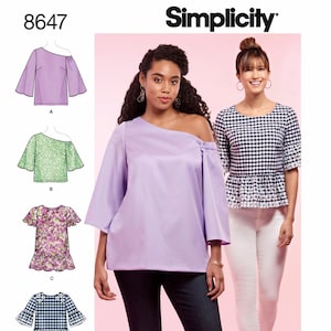 Simplicity S8647 Misses&#39; Easy Tops Pattern, Pullover Blouse Pattern, Peplum Top, Off Shoulder Top Pattern Sizes 10-18 & 20W-28W Uncut