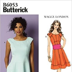 May include: A sewing pattern for a dress with a scoop neck and a flared skirt. The pattern is from Butterick and is for sizes A/B/C cup sizes. The pattern is called "Maggy London".