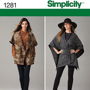 May include: Simplicity sewing pattern 1281 for a cape with four different variations. The pattern includes a turquoise, camouflage, black and white, and a solid purple cape. The pattern is designed and printed in the USA.