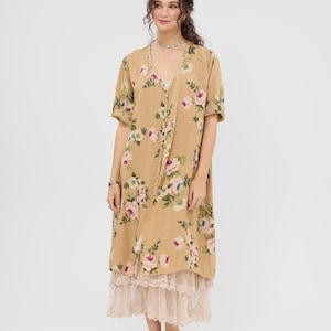 Linen Abigail coat dress in Caramel. Floral linen coat dress. linen button up dress in a soft tan floral