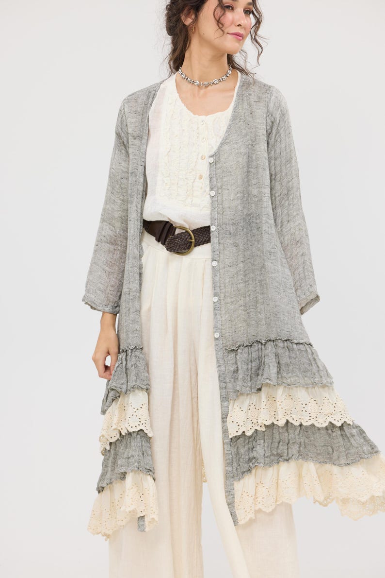 Florette Linen and Lace Ruffled Coat. Leightweight Linen Duster in Mist ...