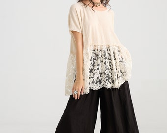 Lillibelle lace and cotton top . romantic lace and cotton women’s top in Vanilla. Beautiful lacey long top .